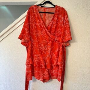 Red Wrap romper with Ruffle Details